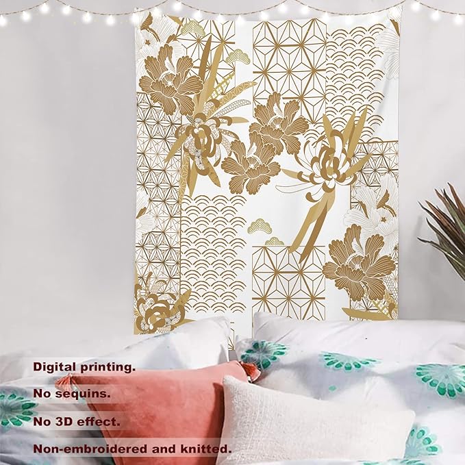 Batmerry Gold Japanese Floral Tapestry,Spring Wall Art Hanging Decoration Polyester Fiber White Ruffled Around for Dorm Room Bedroom Living Room, 59.1x39.4 inches