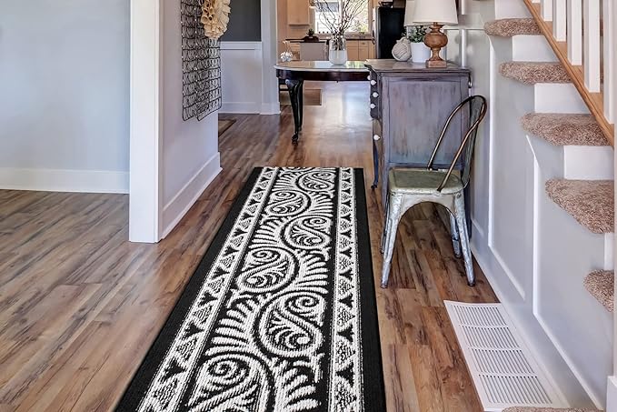 Custom Length Cut to Size Tribal Ethnic Southwestern Inspired Hallway Runner Rug, Non Slip Rubber Backed, 31 inch Wide X Customized Length, Mayan Black, 31 inch X 13 feet