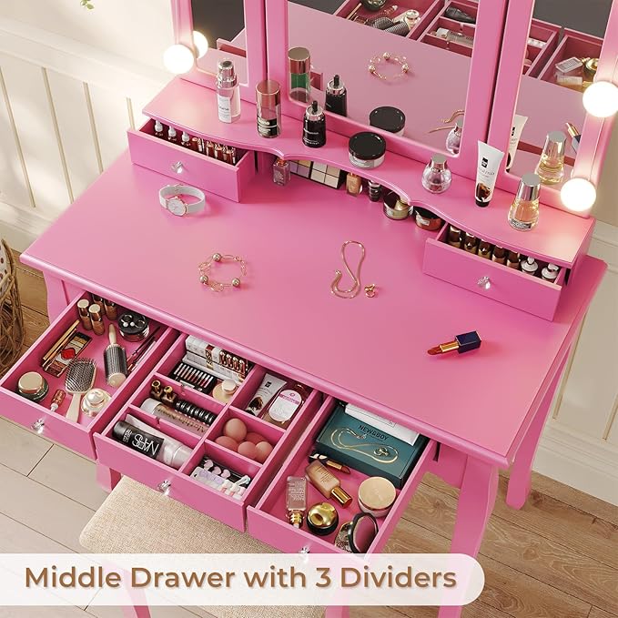 Tiptiper Vanity Desk with Tri-Fold Mirror and Lights, Makeup Vanity with Wood Upholstered Stool, Makeup Desk with 5 Drawers & 8 Jewelry Hooks, Small Vanity, Pink