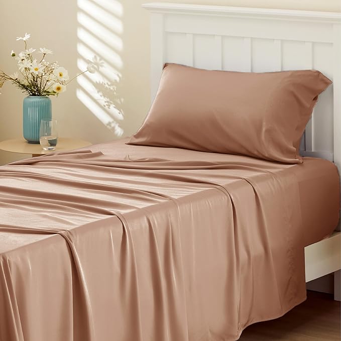 Bedsure Cooling Sheets Twin, Rayon Derived from Bamboo, Breathable & Soft Twin Sheets Set, Deep Pocket Up to 16 Inches, Hotel Luxury Silky Bedding for Hot Sleepers, Khaki