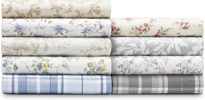 Laura Ashley - Flannel Sheets King Size, Anti-Pilling & Wrinkle Resistant Cotton, Touchably Soft for All-Season Comfort - Bed Sheets with Matching Pillowcases & Fitted Sheet (Mulholland Plaid Blue)