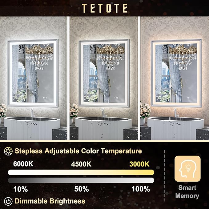 TETOTE Bathroom Mirror with Lights 20x28 Brushed Nickel LED Mirror Silver Frame Frontlit & Backlit Lighted Vanity Mirror Baroque Anti Fog Dimmable White/Warm/Natural,Wall Mounted(Horizontal/Vertical)