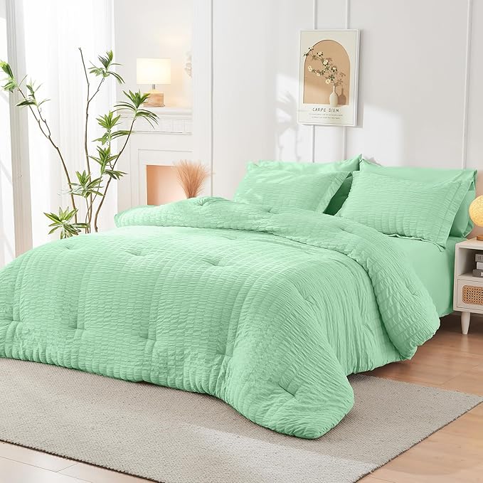 HYMOKEGE Mint Green California King Comforter Set Seersucker 7 Pieces, All Season Luxury Bed in a Bag for Bedroom, Bedding Set with Comforter, Sheets, Pillowcases & Shams