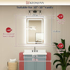 Keonjinn LED Mirror for Bathroom, 36 x 24 Inch, Wall Mounted, Dimmable, Anti-Fog, IP54 Waterproof, 3 Year Warranty