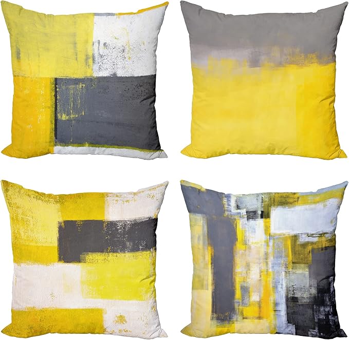 Ambesonne Modern Throw Pillow Cushion Case Pack of 4, Abstract Grunge Themed Geometric Squares with Paintbrush Stroke Effect Ornament, Modern Accent Double-Sided Digital Printing, 24", Yellow Grey