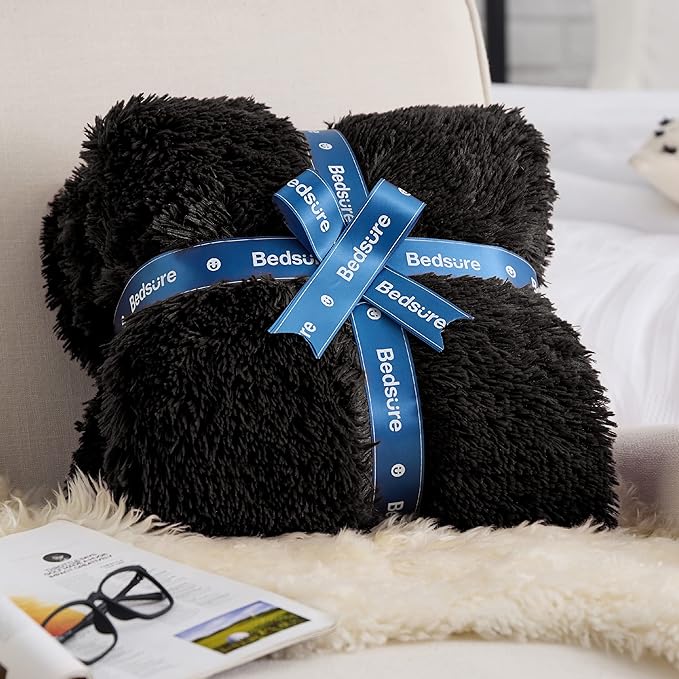 Bedsure GentleSoft Fluffy Black King Size Blanket for Bed, Thick Soft Sherpa Faux Fur Fleece Bedding Fuzzy Plush Winter Warm Heavy Oversize Large King Blanket, Cozy Black Gifts for Men Women, 108x90