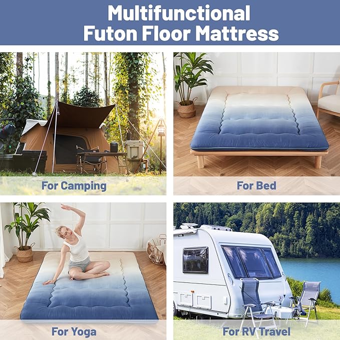 Japanese Floor Mattress, Futon Mattress with Portable Storage Bag and Washable Cover, Roll Up Thick Tatami Mat Suitable for Camping, Guest Room (Coastal Gradient, Twin)