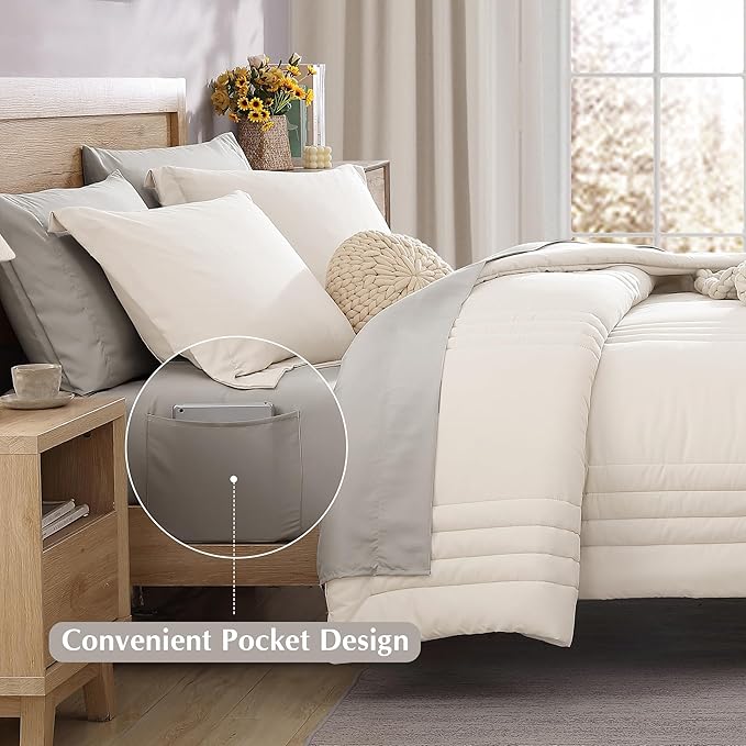Monbix California King Size Comforter Set - 7 Pieces Bed in a Bag California King, White Bedding Sets with Comforter, All Seasons Down Alternative Comforter Bed Set with Sheets, Pillowcases & Shams