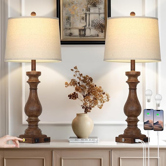29" Tall Farmhouse Table Lamp for Living Room Set of 2,Vintage Retro Nightstand Lamps with USB C+A Ports & AC Outlet,3-Way Dimmable Touch Bedside Lamp for Bedroom Side Table,Brown