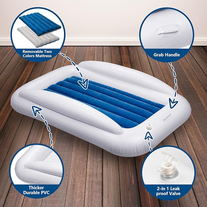 Inflatable Toddler Travel Bed, Portable Toddler Bed | Kids Air Mattress with Sides | Reversible 2 Colors Kids Blow Up Mattress -Navy Blue & Grey
