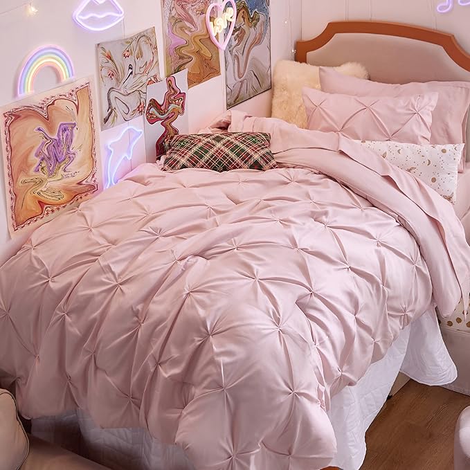 Bedsure Twin Comforter Set Pink for Women - Bed in a Bag Twin Size Bedding 5 Pieces, GentleSoft™ Pintuck Bed Set Gift for Family, Pinch Pleat Pink Comforter with Sheets, Pillowcase & Sham