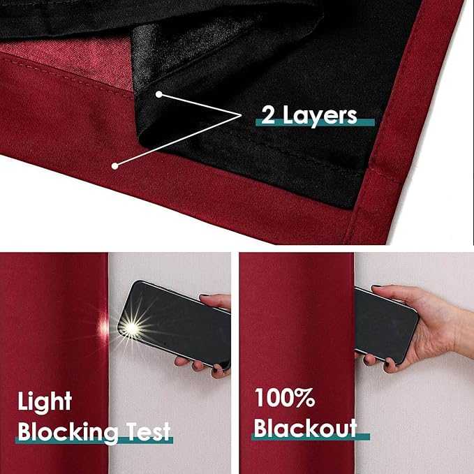 ChrisDowa 100% Blackout Curtains for Bedroom with Black Liner, 2 Thick Layers Total Blackout Thermal Insulated Grommet Window Curtains 2 Panels Set (Burgundy, 52 x 63 Inch)