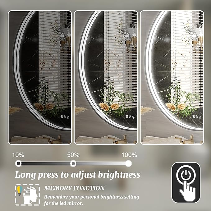36 Inch Round LED Bathroom Mirror, Black Metal Framed Lighted Mirror for Bathroom, Wall Mouted LED Vanity Mirror with Lights, 3 Colors and Stepless Dimmable, Anti-Fog, Memory
