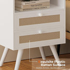 SUPERJARE 2 Drawer Night Stand with Charger Station, Boho Rattan Nightstand Set of 2, 25.2 Inch Tall Bed Side Table with Solid Wood Feet, End Table, Open Storage, Synthetic Rattan, for Dorm, White