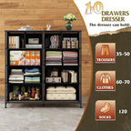 WLIVE Dresser for Bedroom with 10 Fabric Drawers, Tall Chest Organizer Units for Clothing, Closet, Storage Tower with Cabinet, Metal Frame, Wooden Top, Black Dresser for Living Room