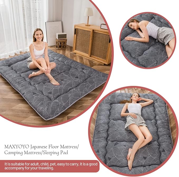 MAXYOYO Black Leaf Printed Japanese Futon Floor Mattress, Thicken Sleeping Pad Floor Bed Roll Up Camping Guest Mattress Folding Couch Bed, Full Size