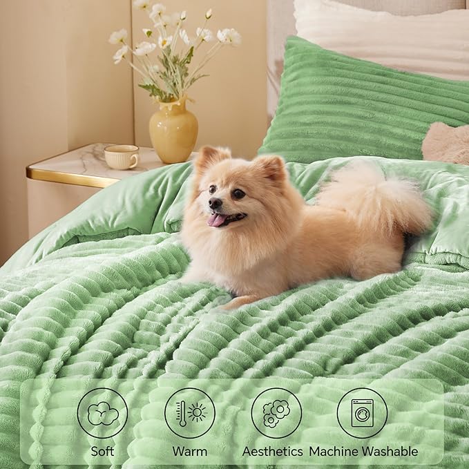 BEDELITE Fleece Twin Comforter Set -Super Soft & Warm Fluffy Green Bedding, Luxury Fuzzy Heavy Bed Set for Winter with 1 Pillow case
