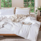 MooMee Bedding Duvet Cover Set 100% Washed Cotton Linen Like Textured Breathable Durable Soft Comfy (Solid Bright White, Cal King 104"x98")