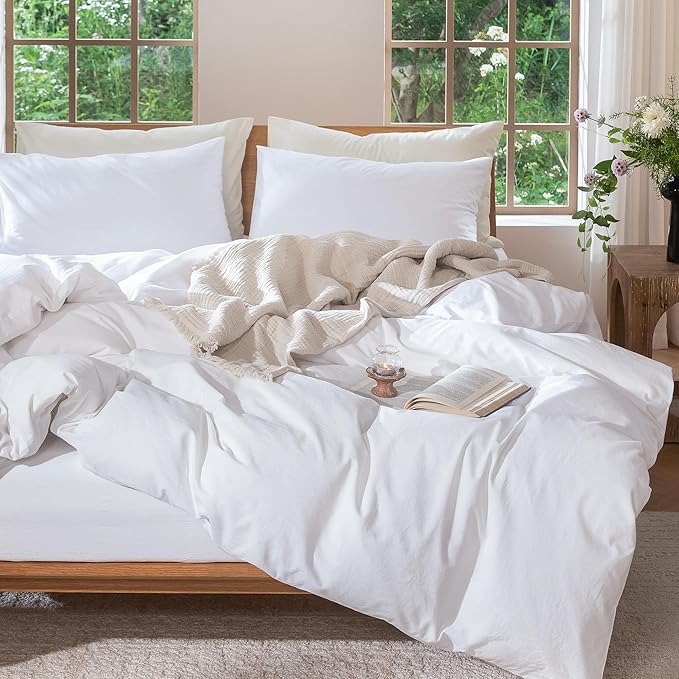 MooMee Bedding Duvet Cover Set 100% Washed Cotton Linen Like Textured Breathable Durable Soft Comfy (Solid Bright White, Super Queen 90"x98")