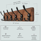 Dseap Coat Rack Wall Mounted - 24" Long 6 Tri Hooks, Heavy Duty Wooden Wall Coat Hanger Coat Hook for Clothes Hat Jacket Clothing, Natural and Black, Pack of 2