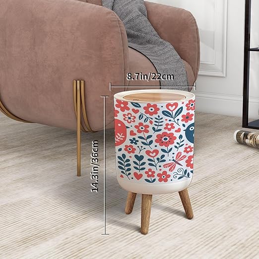 Small Trash Can with Lid Scandinavian Folk Art Seamless Birds Flowers spirng Happy Garbage Bin Pet Proof Waste Basket for Kitchen Bathroom Office Bedroom Decorative 1.8 Gallon