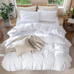 MooMee Bedding Duvet Cover Set 100% Washed Cotton Linen Like Textured Breathable Durable Soft Comfy (Solid Bright White, Super Queen 90"x98")