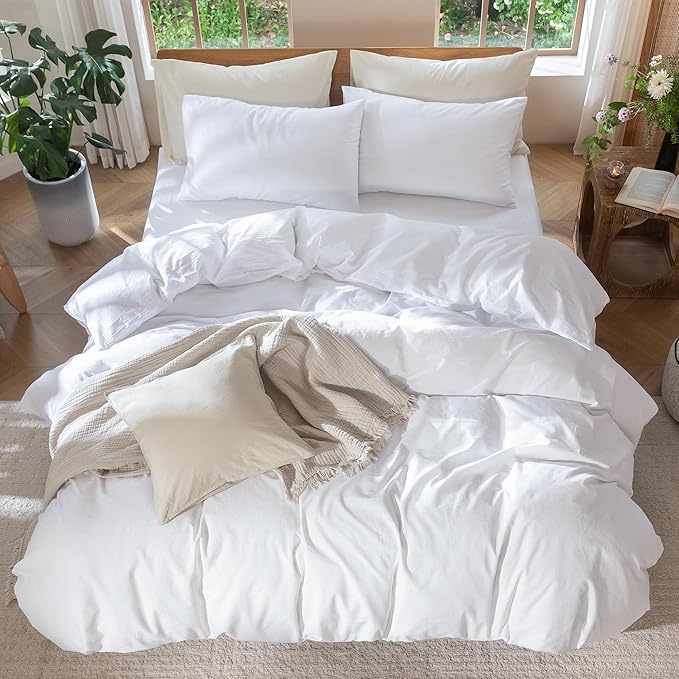 MooMee Bedding Duvet Cover Set 100% Washed Cotton Linen Like Textured Breathable Durable Soft Comfy (Solid Bright White, Super Queen 90"x98")