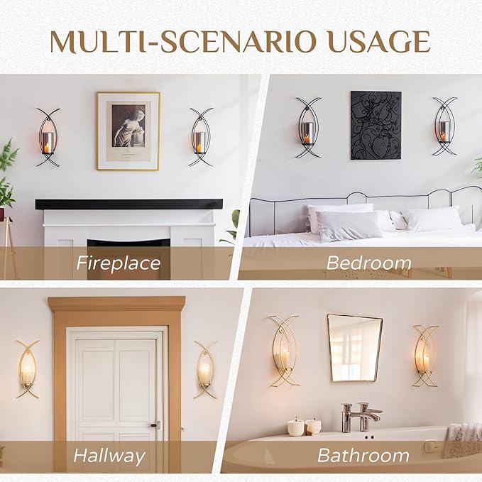 Sconces Wall Decor Set of 2 Hurricane Candle Holder - Modern Decorative Candle Wall Sconce Golden Metal Wall Mount Gold Decorations for Living Room Bedroom Bathroom Hallway Outdoor