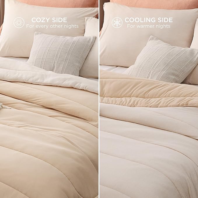 Bedsure King Comforter Set - Cooling and Warm Bed Set, Beige Reversible All Season Cooling Comforter, 3 Pieces, 1 King Size Comforter (102"x90") and 2 Pillow Cases (20"x36")