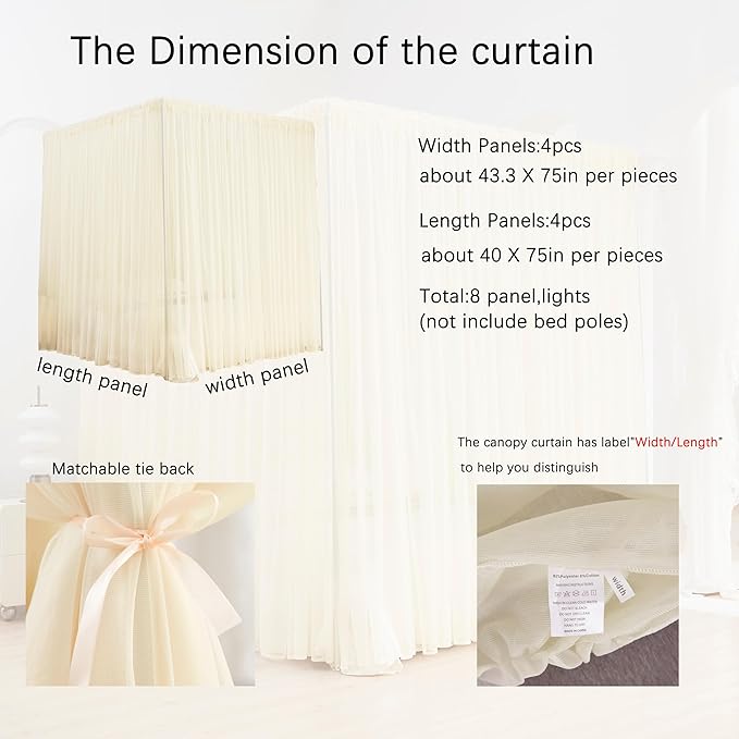 Akiky Ivory Canopy Bed Curtains with Lights 8 Panel Canopy Curtains Drapes for King Size Bed Large Rod Pocket Sheer Canopy Bed Drapes