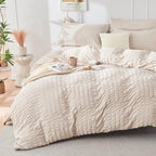 HYMOKEGE Beige King Size Comforter Set Seersucker 7 Pieces, All Season Luxury Bed in a Bag for Bedroom, Bedding Set with Comforters, Sheets, Pillowcases & Shams