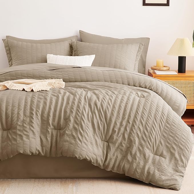CozyLux King Size Comforter Set Taupe Seersucker 7 Pieces Bed in a Bag King Comforter Set with Sheets, Luxury Soft Bedding Set with Down Alternative Comforter, Sheets, Pillowcases & Shams All Seasons