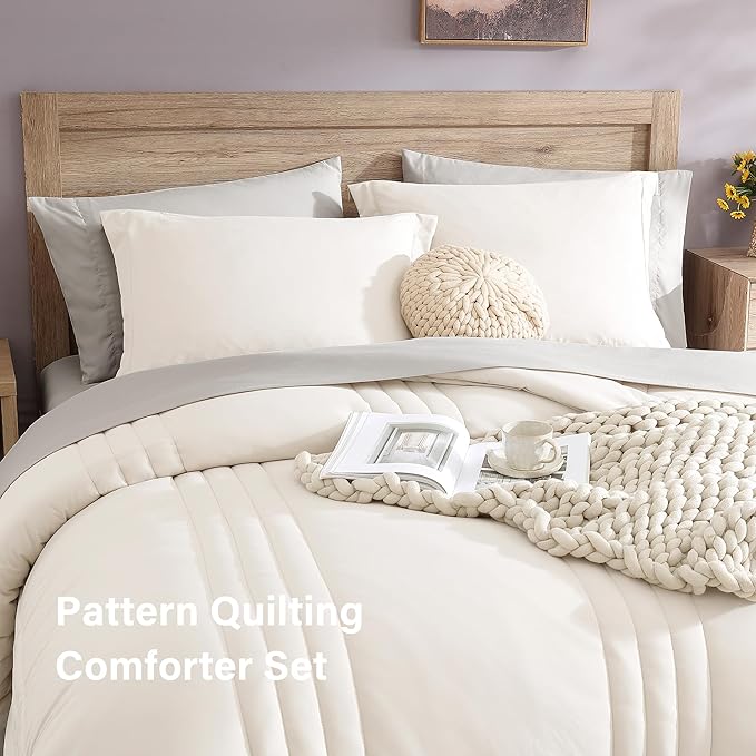 Monbix California King Size Comforter Set - 7 Pieces Bed in a Bag California King, White Bedding Sets with Comforter, All Seasons Down Alternative Comforter Bed Set with Sheets, Pillowcases & Shams
