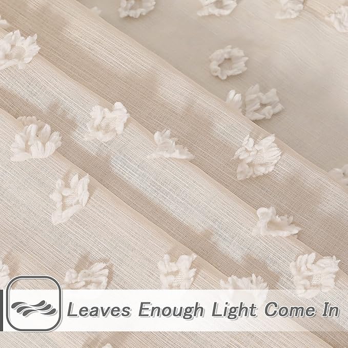 MYSKY HOME Pom Pom Beige Sheer Curtains for Bedroom Girls Room Curtains 63 inch Length for Nursery Kids Light Filtering Boho Window Drapes, Rod Pocket, 52" Wide, 2 Panels