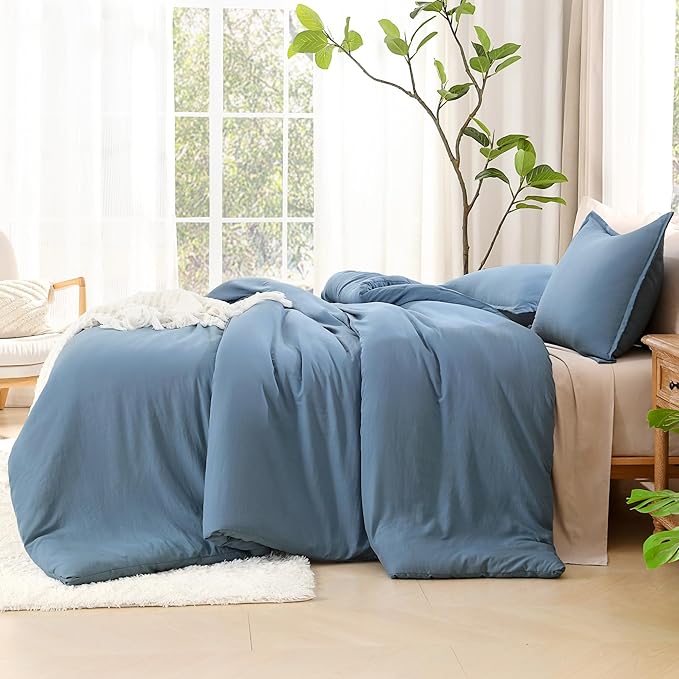 Litanika Oversized King Comforter Set Grayish Blue Super King Plus Size, 3 Pieces Lightweight Solid Bedding Comforter Set, All Season Fluffy Bed Set (128x120In Comforter & 2 Pillowcases)