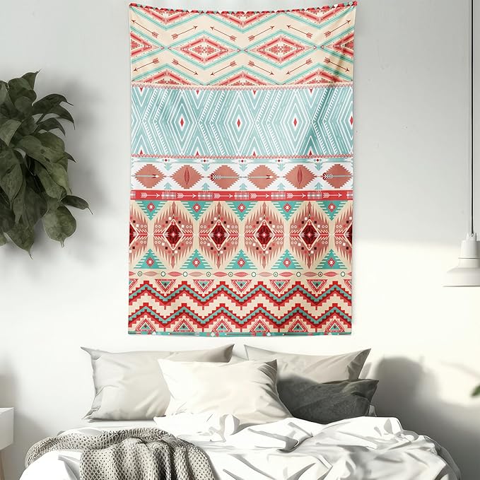 Lunarable Aztec Tapestry Queen Size, Culture Inspirations Ornamental Indigenous Chevron, Wall Hanging Bedspread Bed Cover Wall Decor, Queen Size, Turquoise Beige
