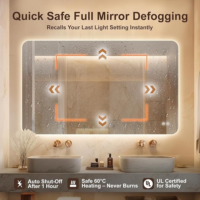 48''x30'' Lighted Mirrors for Bathroom Wall Backlit Rectangular Rounded Corners, LED Bathroom Mirror Frameless with Lights Anti Fog, Dimmable, 3 Colors,Tempered Glass, Shatter-Proof