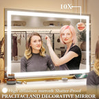 Vanity Mirror with Lights, 32" x 22" Large Lighted Vanity Mirror with Dimmable 3 Modes, LED Makeup Mirror, 10X Magnification, USB Charging Port, Tabletop or Wall-Mounted Square Gold