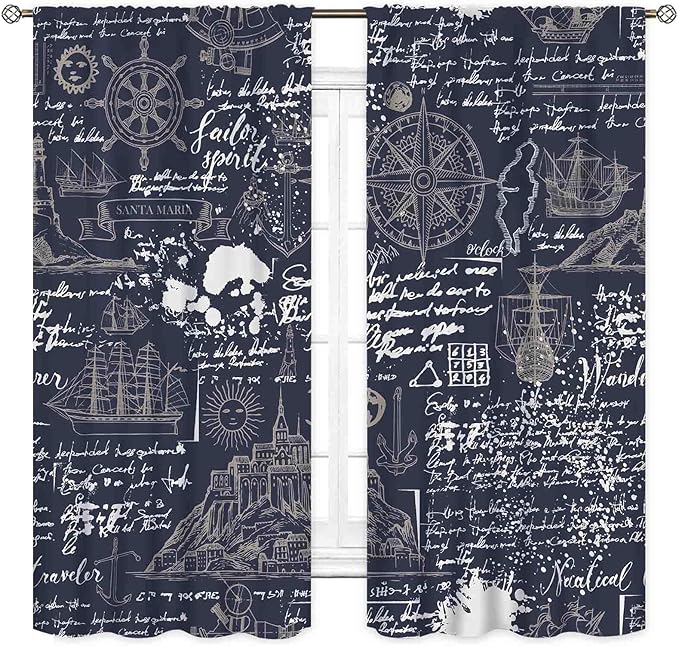 Vintage Nautical Curtains, Marine Coastal Sailboat Compass Anchor Ocean Beach Old Pirate Map Navy Blue Blackout Retro Drapes for Bedroom Living Room Kitchen Bathroom Window 2 Panels, 63"x72" Inch
