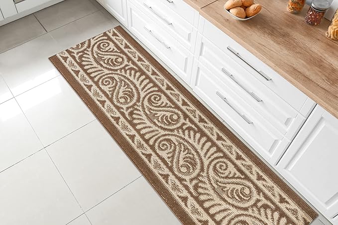 Custom Length Cut to Size Tribal Ethnic Southwestern Inspired Hallway Runner Rug, Non Slip Rubber Backed, 31 inch Wide X Customized Length, Mayan Brown, 31 inch X 10 feet