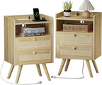 SUPERJARE 2 Drawer Night Stand with Charger Station, Boho Rattan Nightstand Set of 2, 25.2 Inch Tall Bed Side Table with Solid Wood Feet, End Table, Open Storage, Synthetic Rattan, for Dorm, Natural
