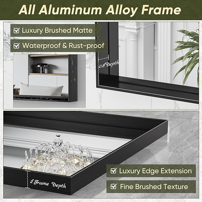 Suidia Bathroom Mirror, 60" x 36" Wall Mirror Metal Framed, Bathroom Vanity Mirror for Living Room Bedroom Bathroom Entryway, Black, Rect Corner Style