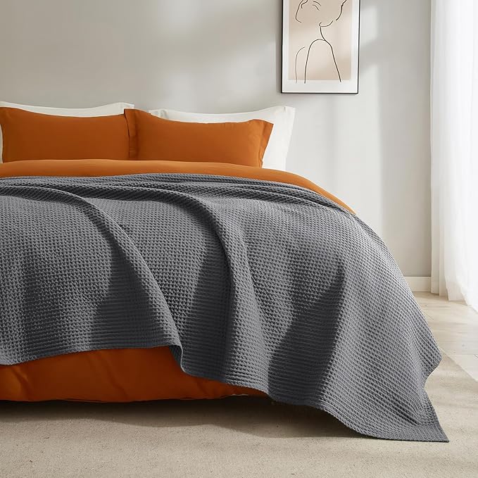 PHF 100% Cotton Waffle Weave Blanket King Size for Bed,Snag Proof Lightweight Breathable Moisture-Wicking Throw for Couch,Great for Layering in Cold Weather,Machine Washable,Home Decor Gift-Charcoal