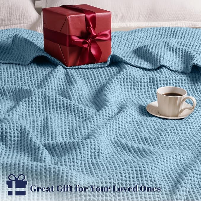 PHF 100% Cotton Waffle Weave Blanket Queen Size for Bed,Snag Proof Lightweight Breathable Moisture-Wicking Throw for Couch,Great for Layering in Cold Weather, Home Decor Gift-Dusty Blue