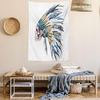 Lunarable Watercolor Tapestry, Skull Native Hat Indigenous Cultures Circle of Life Death, Wall Hanging for Bedroom Living Room Dorm Decor, 40" X 60", Cream Blue