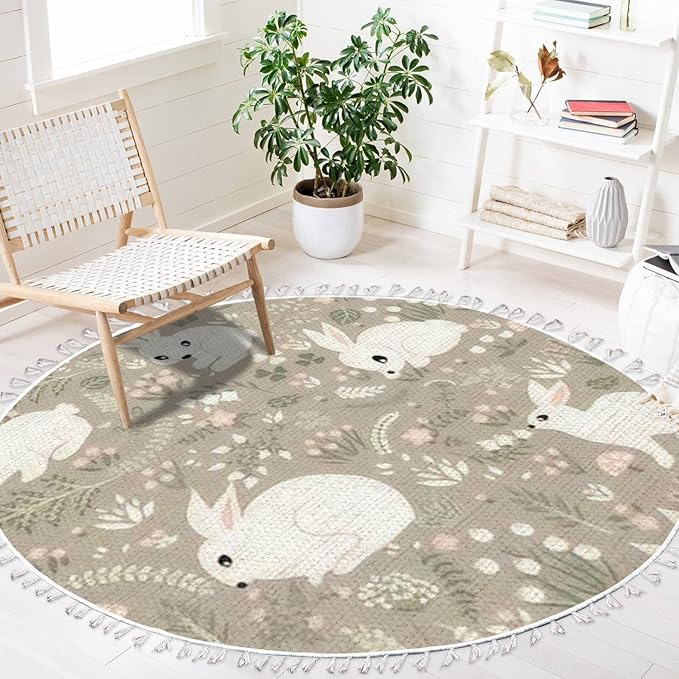 Round Rugs Forest Rabbits Floral Elements Cute Hand Drawn Rabbit Boho Area Rug Linen and Cotton Carpet Meditation Rug Washable Hallway Runner Mat Accent Rug for Bedroom Bathroom 4ft