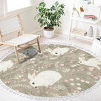 Round Rugs Forest Rabbits Floral Elements Cute Hand Drawn Rabbit Boho Area Rug Linen and Cotton Carpet Meditation Rug Washable Hallway Runner Mat Accent Rug for Bedroom Bathroom 4ft