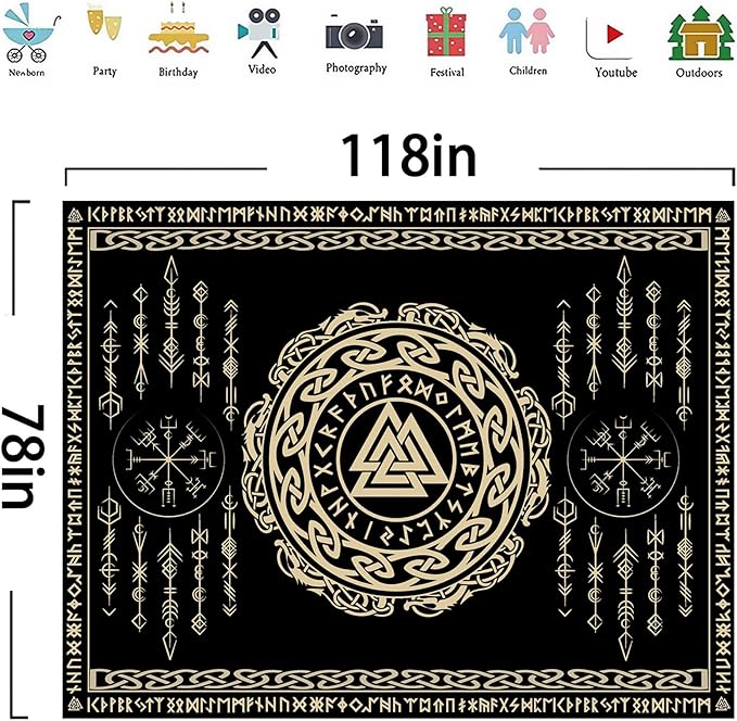 OSUNBD Nordic Viking Tapestry Wall Hanging - Large 118x78 inches Soft Flannel with Valknut, Celtic Runes & Norse Mythology Scandinavian for Bedroom, Living Room Decor
