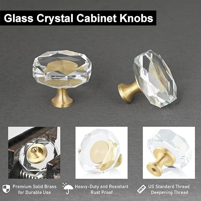 QOGRISUN 15-Pack Brass Crystal Cabinet Knobs, Glass Crystal Gold Drawer Knobs, 1-1/4-Inch Polygon, Decorative Dresser Pulls, Modern Cabinet Hardware