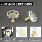 QOGRISUN 2-Pack Brass Crystal Cabinet Knobs,Glass Crystal Gold Drawer Knobs,1-1/4-Inch Polygon,Decorative Dresser Pulls, Modern Cabinet Hardware